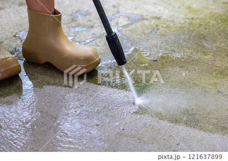 Woman cleaning concrete pavement using high pressure washer. Woman cleaning concrete pavement using high pressure washer. 121637899