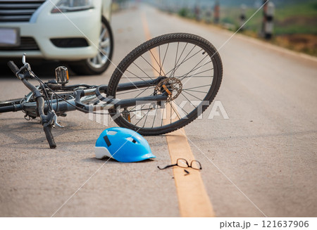Accident car crash with bicycle on road because drunk driving. Accident car crash with bicycle on road because drunk driving. 121637906