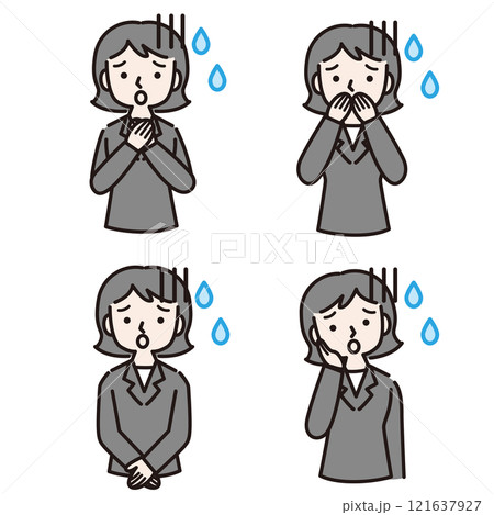 汗かき不安な複数仕草のスーツ姿の女性：イラスト素材 121637927