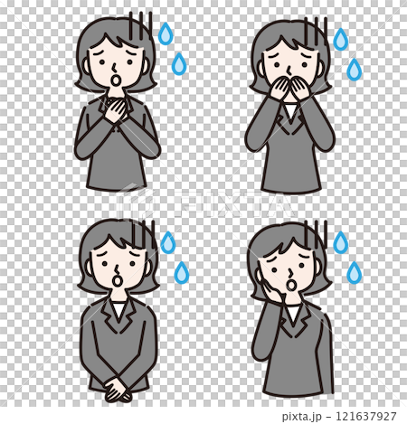 汗かき不安な複数仕草のスーツ姿の女性：イラスト素材 121637927