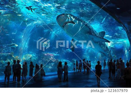 沖縄の水族館で出会う巨大サメと海の世界 121637970