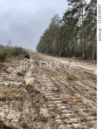 Trail left by heavy construction equipment Trail left by heavy construction equipment 121638447