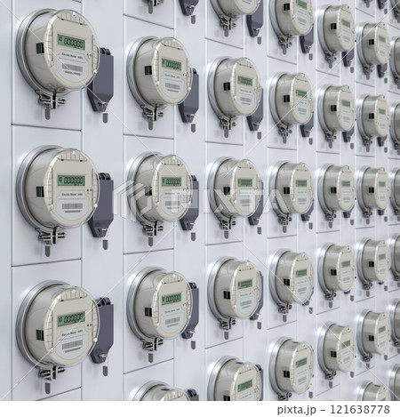 Digital electric meters for an apartment complex - 3D illustration Digital electric meters for an apartment complex - 3D illustration 121638778