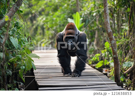 Majestic Grand Gorilla Amidst Dense Wooden Jungle at Dawn Nature s Morning Majesty Captured 121638853