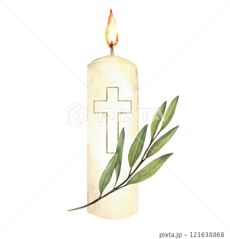White burning church candle with golden cross and green olive tree branch. Watercolor religious hand drawn illustration for christening, wedding, Easter, funeral card design. Isolated from background White burning church candle with golden cross and green olive tree branch. Watercolor religious hand drawn illustration for christening, wedding, Easter, funeral card design. Isolated from background 121638868