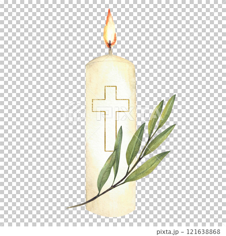 White burning church candle with golden cross and green olive tree branch. Watercolor religious hand drawn illustration for christening, wedding, Easter, funeral card design. Isolated from background White burning church candle with golden cross and green olive tree branch. Watercolor religious hand drawn illustration for christening, wedding, Easter, funeral card design. Isolated from background 121638868