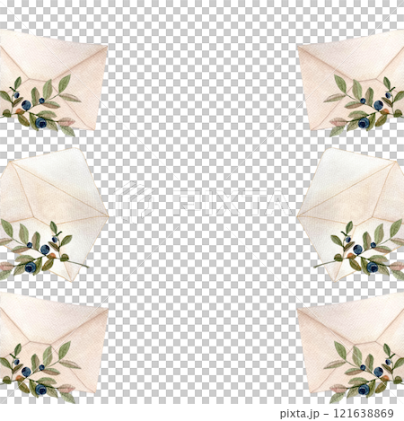 Blueberry sprig and envelope, watercolor vertical frame isolated on white. Hand drawn high quality art. Simple flat style illustration for woodland designs, wrapping paper, textile, packages design 121638869