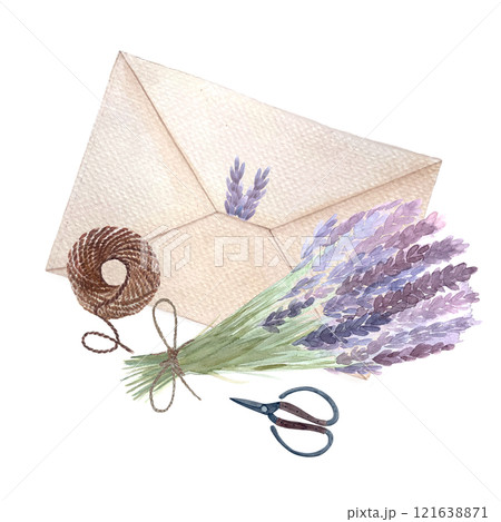 Lavender flowers with an envelope and scissors watercolor composition isolated on white. Hand painted in watercolor. High quality art great for stickers, notebooks decor, packages, herbal production Lavender flowers with an envelope and scissors watercolor composition isolated on white. Hand painted in watercolor. High quality art great for stickers, notebooks decor, packages, herbal production 121638871