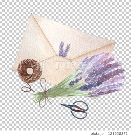 Lavender flowers with an envelope and scissors watercolor composition isolated on white. Hand painted in watercolor. High quality art great for stickers, notebooks decor, packages, herbal production 121638871