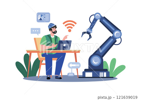 Man Controlling Factory Robot With Laptop 121639019