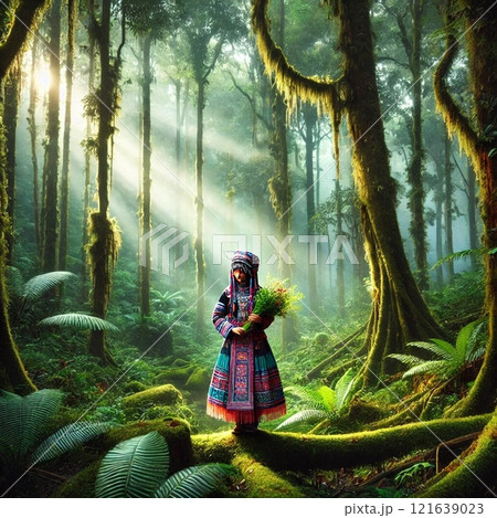 ベトナム北部の森林の霧の中に立つモン族女性 121639023