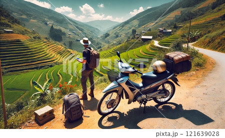 バイクでベトナム北部ムーカンチャイを観光する客 バイクでベトナム北部ムーカンチャイを観光する客 121639028