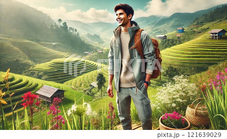 ベトナム北部ムーカンチャイを観光する欧米人 ベトナム北部ムーカンチャイを観光する欧米人 121639029