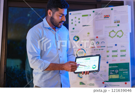 diversity team presentation about ESG (environment,socail,governance) sustainability business goals sdgs in green office at night diversity team presentation about ESG (environment,socail,governance) sustainability business goals sdgs in green office at night 121639046