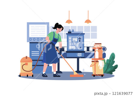 Female Worker Cleaning Floor Using A Vacuum Cleaner 121639077