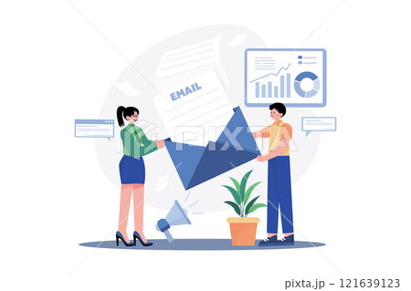 Guy And A Girl Are Engaged In Email Marketing 121639123