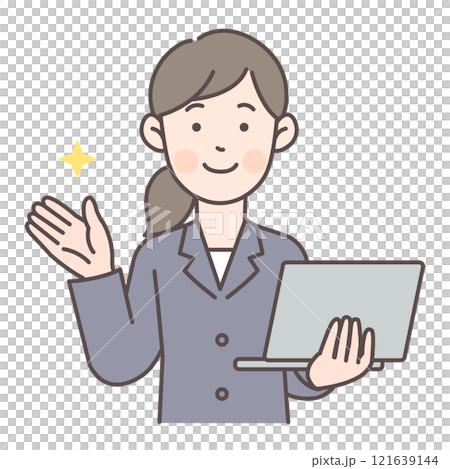 A female office worker giving directions while holding a laptop 121639144