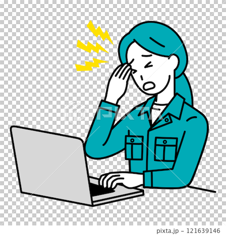 A female worker suffering from a headache while working on a laptop A female worker suffering from a headache while working on a laptop 121639146