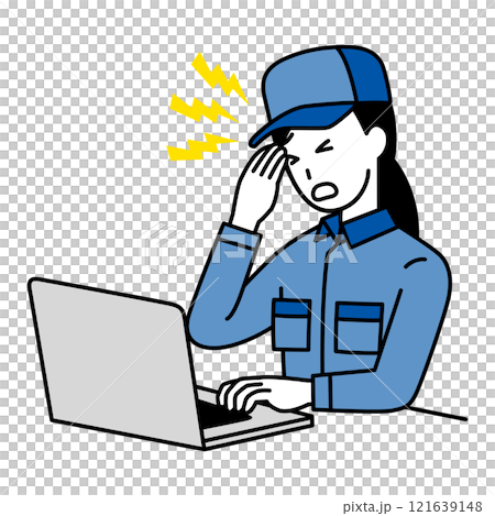 ノートパソコンの仕事中に頭痛がつらいつなぎ作業服の女性 121639148