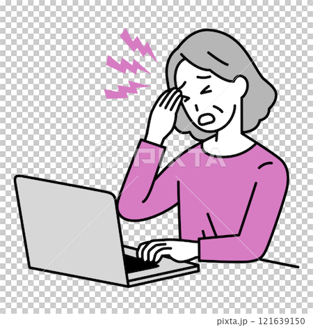 Elderly woman suffering from headache while working on laptop Elderly woman suffering from headache while working on laptop 121639150