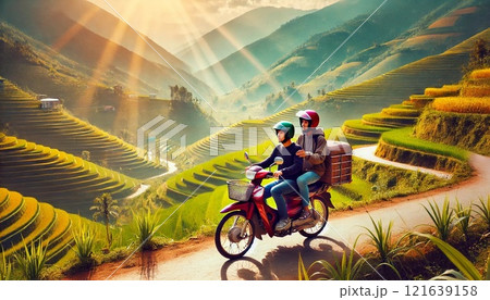 ベトナム北部ムーカンチャイの棚田を観光する客 121639158