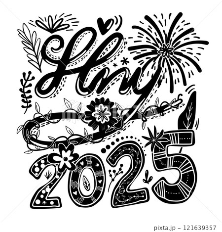 Graphic Design for T-shirt in New Year 2025 theme. Black silhouette typography illustration words "HNY 2025" with cute plants on a transparent background. 121639357