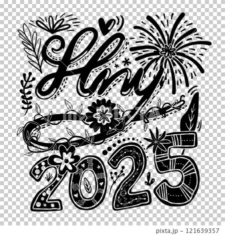Graphic Design for T-shirt in New Year 2025 theme. Black silhouette typography illustration words "HNY 2025" with cute plants on a transparent background. 121639357
