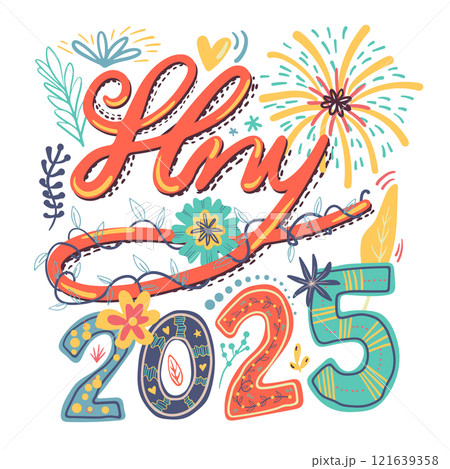 Graphic Design for T-shirt in New Year 2025 theme. Colorful red, green and yellow typography illustration words "HNY 2025" with cute plants on a transparent background. 121639358