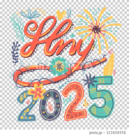 Graphic Design for T-shirt in New Year 2025 theme. Colorful red, green and yellow typography illustration words "HNY 2025" with cute plants on a transparent background. 121639358