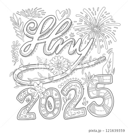 Graphic Design for T-shirt in New Year 2025 theme. Black outline with white plain typography illustration words "HNY 2025" with cute plants on a transparent background. 121639359