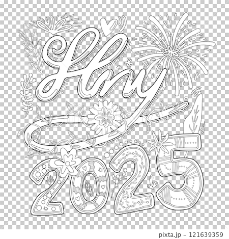 Graphic Design for T-shirt in New Year 2025 theme. Black outline with white plain typography illustration words "HNY 2025" with cute plants on a transparent background. 121639359