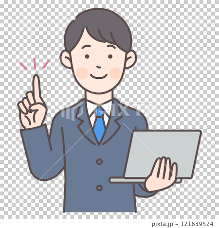 一名男性辦公室工作人員拿著電腦指著 121639524