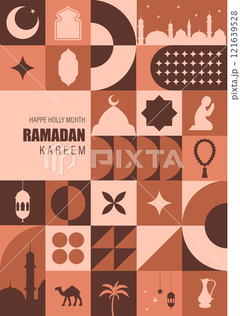 Ramadan Kareem greeting card. Bauhaus background with mosque, moon, stars, arches window. Trendy minimalist postcard. Vector illustration in neo geometric style. Traditional Islamic holiday 121639528