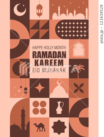 Ramadan Mubarak postcard. Minimal vintage 20s geometric design poster with beige traditional shapes elements. Neo geometrical pattern. Vector illustration in bauhaus minimalist style. Ramadan month 121639529