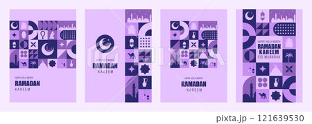 Ramadan Kareem. Set of Abstract backgrounds for Islamic holiday. Modern neo geometric pattern in purple colors. Vector illustration in bauhaus style. Template for postcards, invitations or web design Ramadan Kareem. Set of Abstract backgrounds for Islamic holiday. Modern neo geometric pattern in purple colors. Vector illustration in bauhaus style. Template for postcards, invitations or web design 121639530