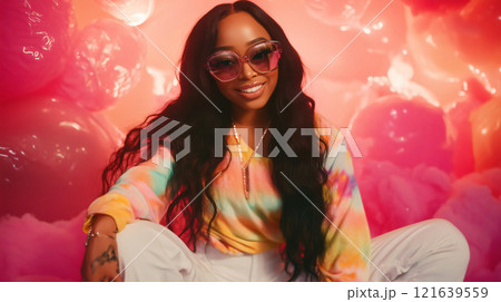 Beautiful black woman posing in a colorful setting Beautiful black woman posing in a colorful setting 121639559