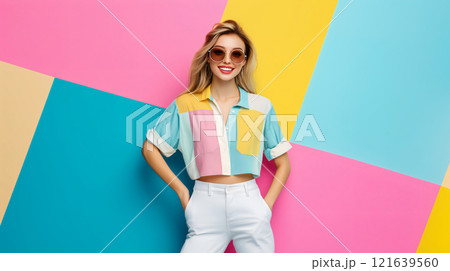 Attractive young woman posing with hands in her pockets in front of colorful background 121639560