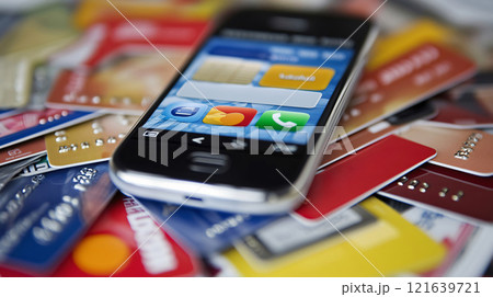 Smartphone showing banking app lying on credit cards 121639721