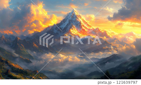 Majestic snow capped mountain peak illuminating dramatic sunset sky Majestic snow capped mountain peak illuminating dramatic sunset sky 121639797