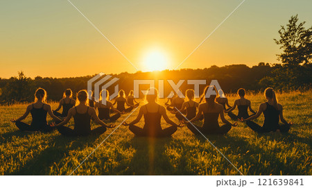 Large group of people practicing yoga at sunset 121639841