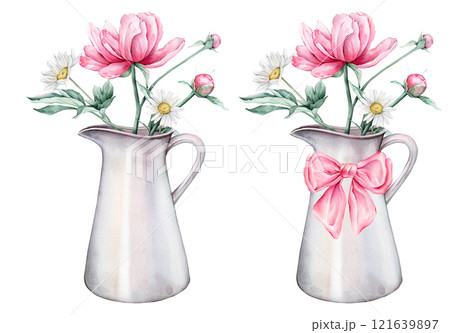 Watercolor bouquet of delicate pink peony and chamomile flowers in full bloom. Hand drawn illustration beautiful floral flower in light color jug or jar with pink bow. Summer botanical plant isolated. Watercolor bouquet of delicate pink peony and chamomile flowers in full bloom. Hand drawn illustration beautiful floral flower in light color jug or jar with pink bow. Summer botanical plant isolated. 121639897