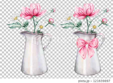 Watercolor bouquet of delicate pink peony and chamomile flowers in full bloom. Hand drawn illustration beautiful floral flower in light color jug or jar with pink bow. Summer botanical plant isolated. 121639897