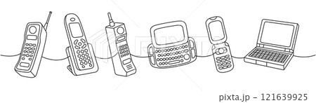 Retro phones one line continuous drawing. Old fashioned phones, mobile flip phone, smart phone with keypad. Vector linear illustration. Retro phones one line continuous drawing. Old fashioned phones, mobile flip phone, smart phone with keypad. Vector linear illustration. 121639925