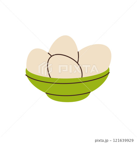 Raw eggs in bowl. Organic farm chicken eggs. Vector illustration. Raw eggs in bowl. Organic farm chicken eggs. Vector illustration. 121639929