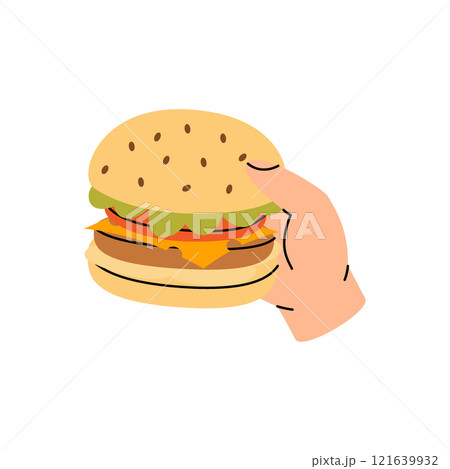 Hand holding a hamburger. Traditional American fast food. Vector illustration. Hand holding a hamburger. Traditional American fast food. Vector illustration. 121639932