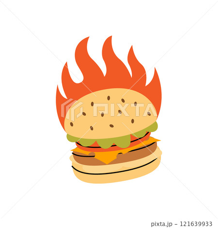 Burger with fire behind. Traditional American fast food. Vector illustration. Burger with fire behind. Traditional American fast food. Vector illustration. 121639933