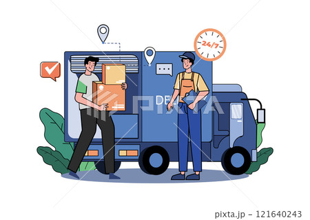 Two Guys Getting Ready To Ship Cargo By A Delivery Truck Two Guys Getting Ready To Ship Cargo By A Delivery Truck 121640243