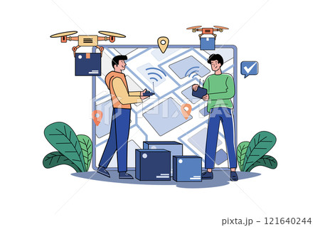 Guy With Tablet Caused Boxed Cargo Delivery Via Electric Wireless Drone 121640244