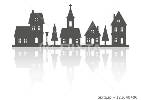 Silhouette of houses on skyline. Neighborhood vector row of homes with reflection on white background. Small black village cottages. Christmas rural landscape with church and trees. Cute country 121640400
