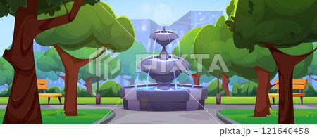 Cartoon city park scene with stone fountain 121640458